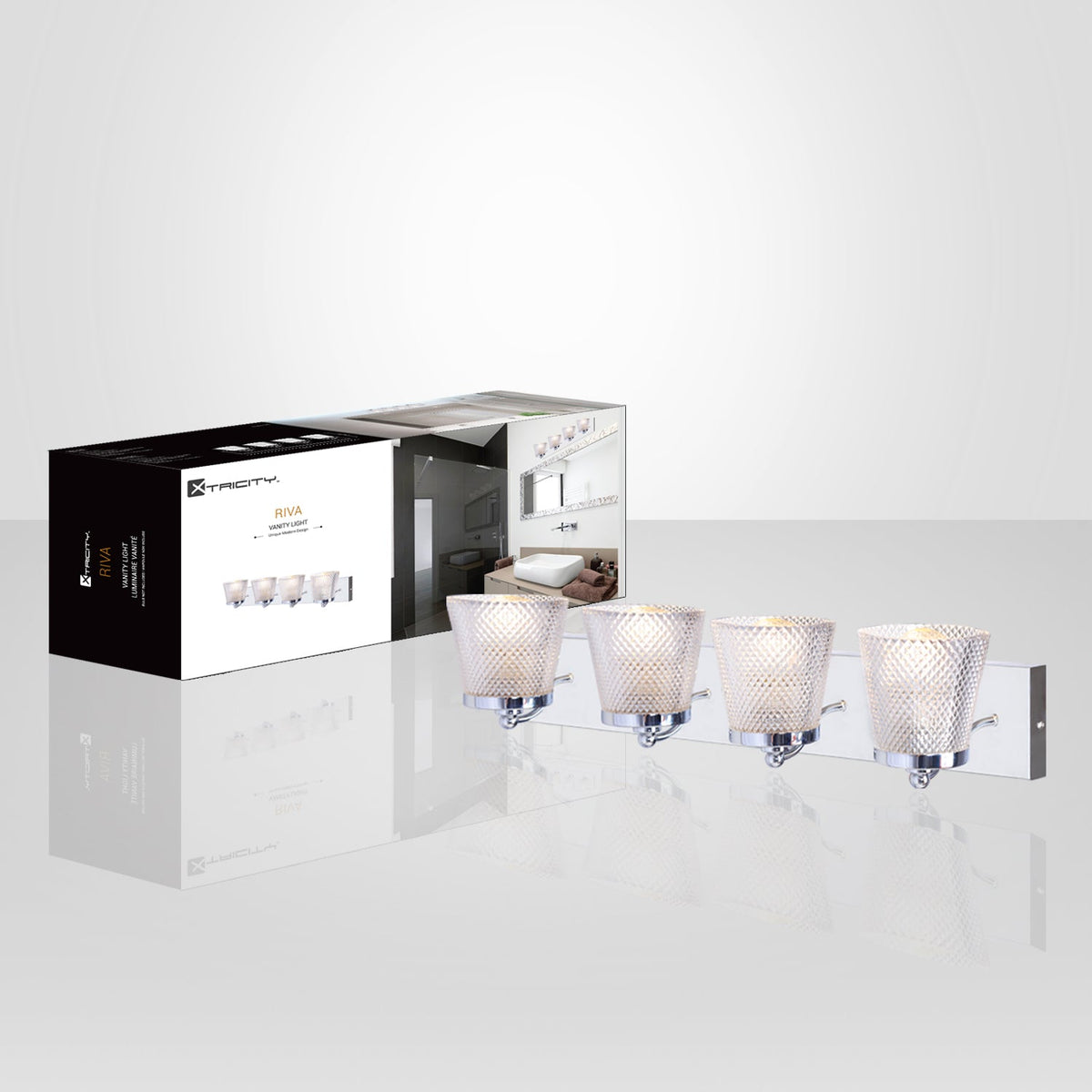 Xtricity - Luminaire de Vanité à 4 Lumières, Largeur de 26.4'', De la Collection Riva, Fini Chromé - emballage - Simple Boutique
