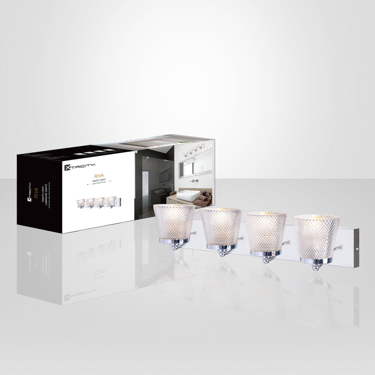 Xtricity - Luminaire de Vanité à 4 Lumières, Largeur de 26.4'', De la Collection Riva, Fini Chromé - emballage - Simple Boutique