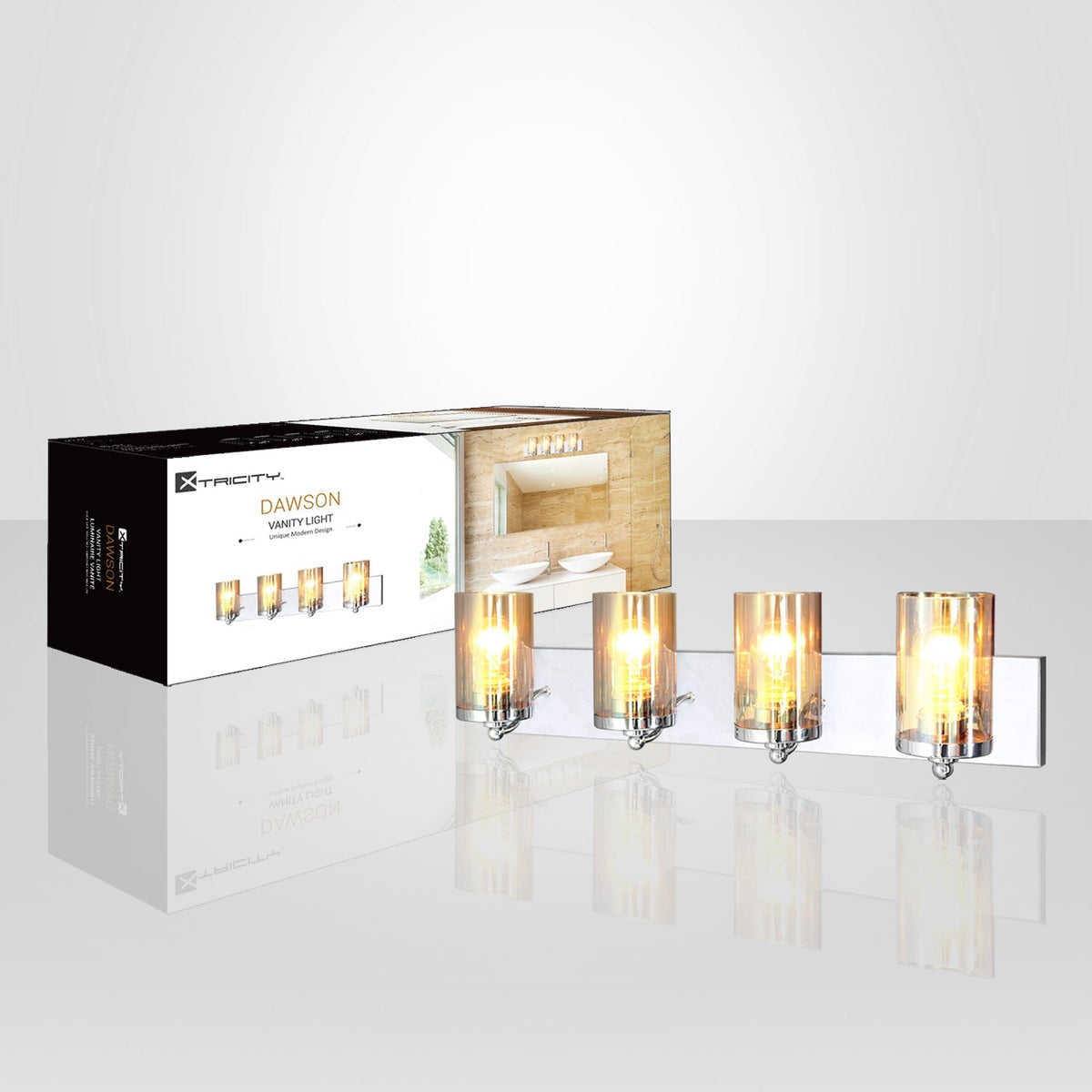 Xtricity - Luminaire de Vanité à 4 Têtes, Largeur de 26.4'', De la Collection Dawson, Fini Chromé - emballage - Simple Boutique