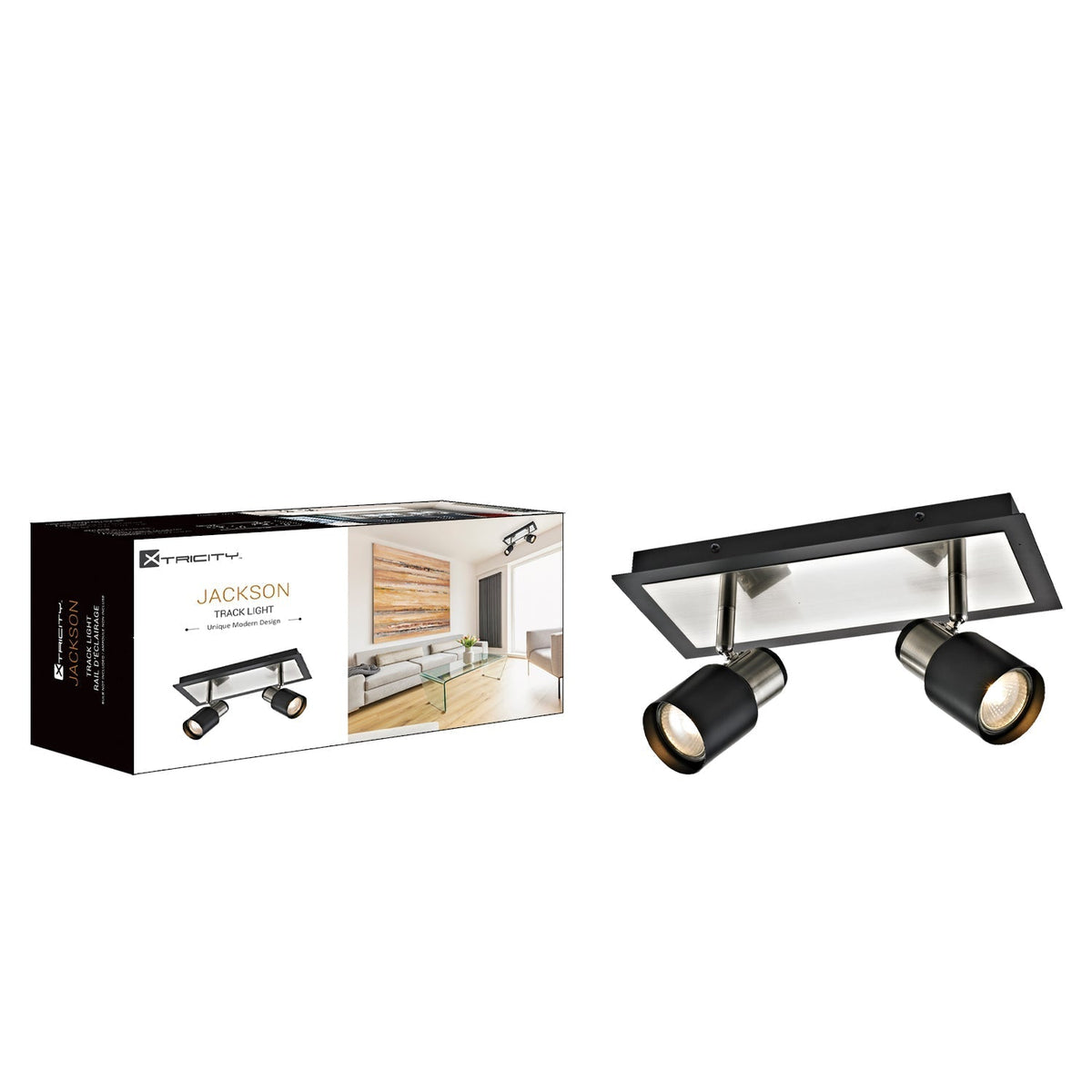 Xtricity - Rail d'éclairage à 2 Têtes, Largeur de 11.9'', De la Collection Jackson, Nickel Brossé et Noir - emballage - Simple Boutique