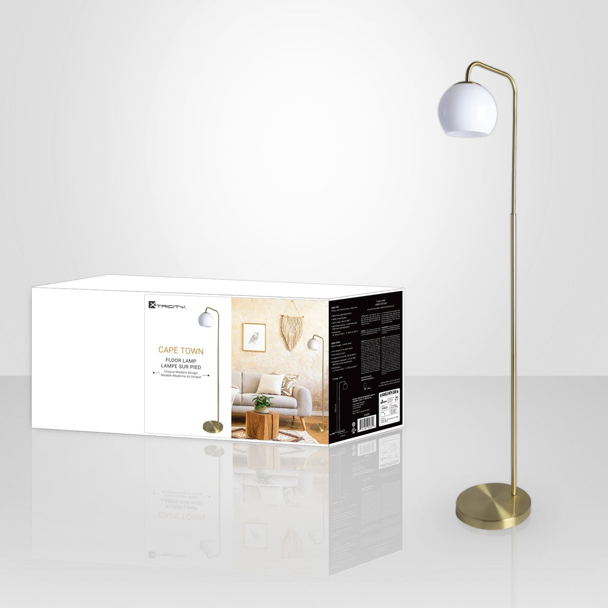 Xtricity - Lampe sur Pied, Hauteur de 59.2'', De la Collection Cape Town, Blanc et Doré - emballage - Simple Boutique