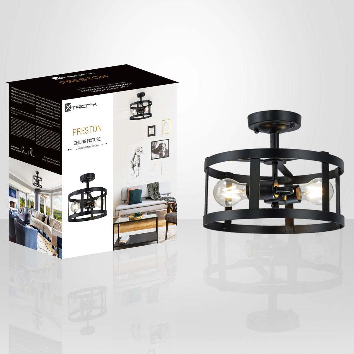 Xtricity - Plafonnier Décoratif à 2 Ampoules, Largeur de 11.8", De la Collection Preston, Noir - emballage - Simple Boutique
