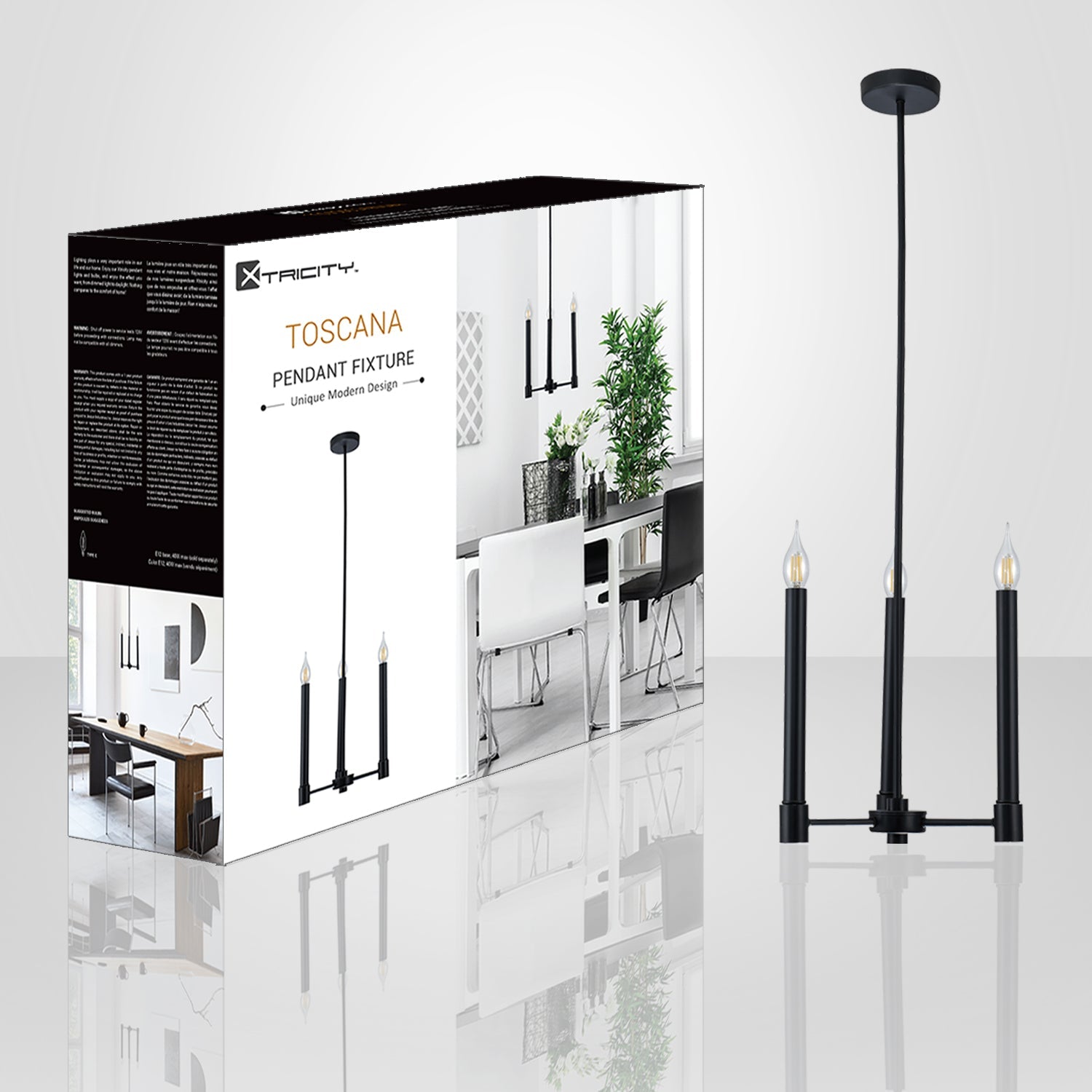 Xtricity - Luminaire Suspendu à 3 Lumières, Largeur de 13'',  De la Collection Toscana, Noir - emballage - Simple Boutique