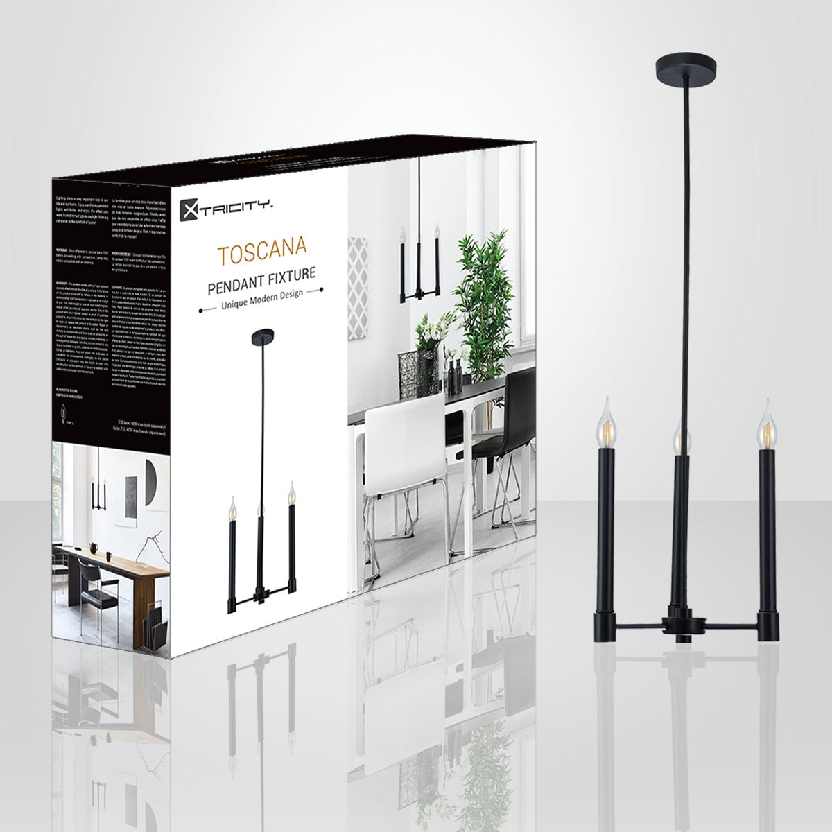Xtricity - Luminaire Suspendu à 3 Lumières, Largeur de 13'',  De la Collection Toscana, Noir - emballage - Simple Boutique