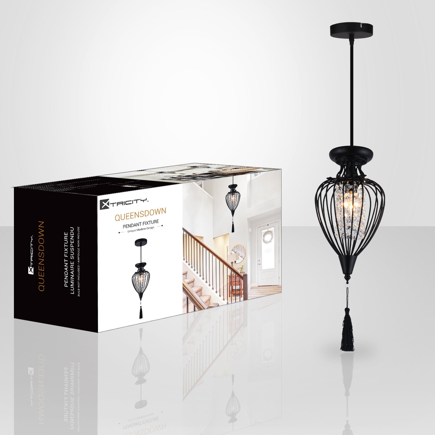 Xtricity - Luminaire Suspendu à 1 Lumières, Largeur de 9.1'', De la Collection QueensDown, Noir - emballage - Simple Boutique