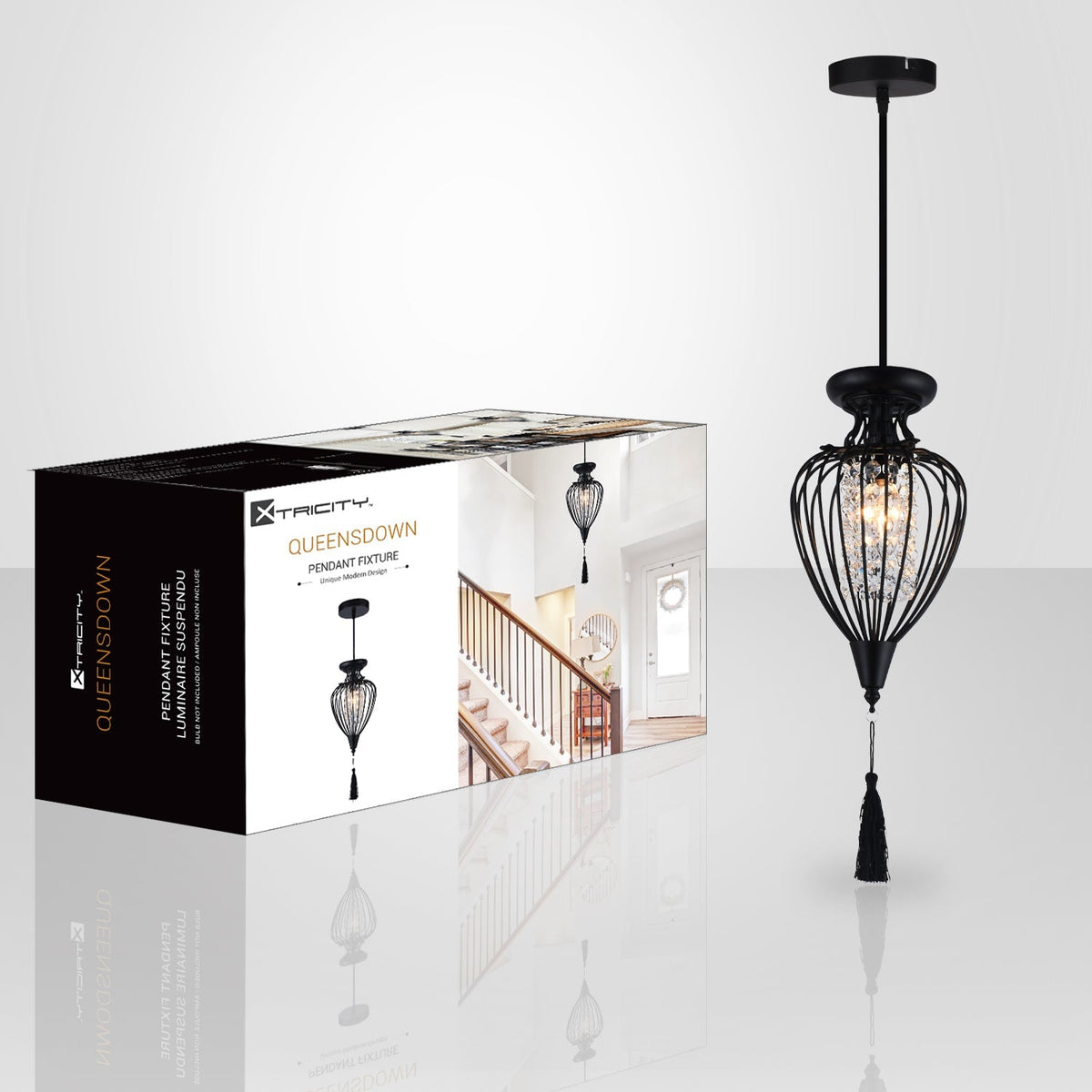 Xtricity - Luminaire Suspendu à 1 Lumières, Largeur de 9.1'', De la Collection QueensDown, Noir - emballage - Simple Boutique