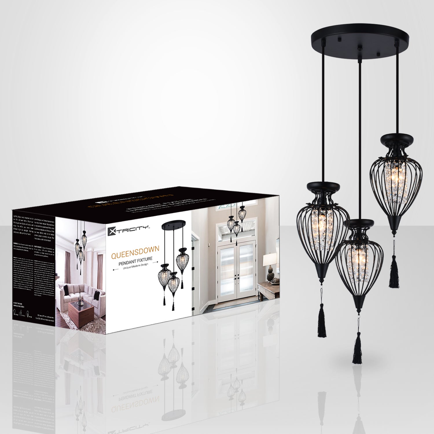 Xtricity - Luminaire Suspendu à 3 Lumières, Largeur de 15'', De la Collection QueensDown, Noir - emballage - Simple Boutique