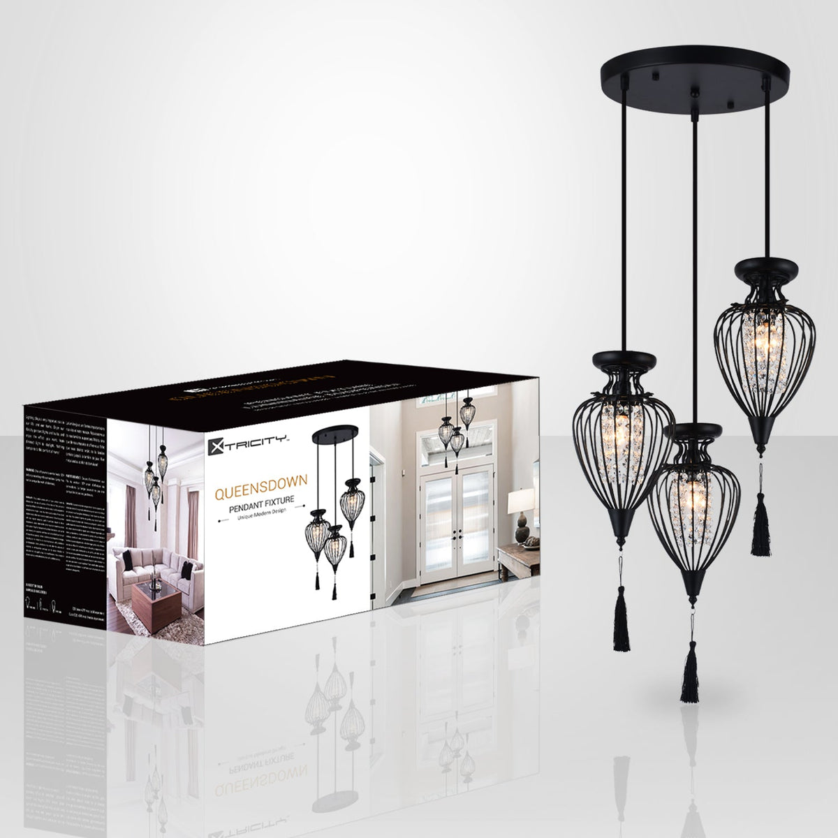 Xtricity - Luminaire Suspendu à 3 Lumières, Largeur de 15'', De la Collection QueensDown, Noir - emballage - Simple Boutique