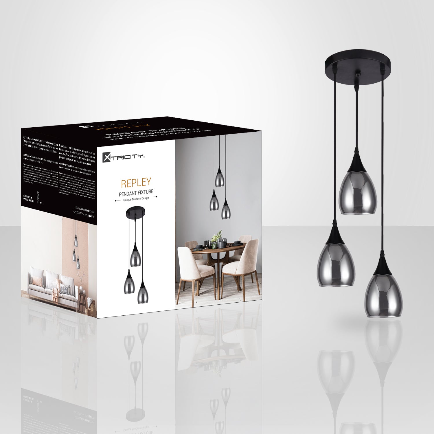 Xtricity - Luminaire Suspendu à 3 Lumières, Largeur de 9.8'', De la Collection Repley, Noir - emballage - Simple Boutique