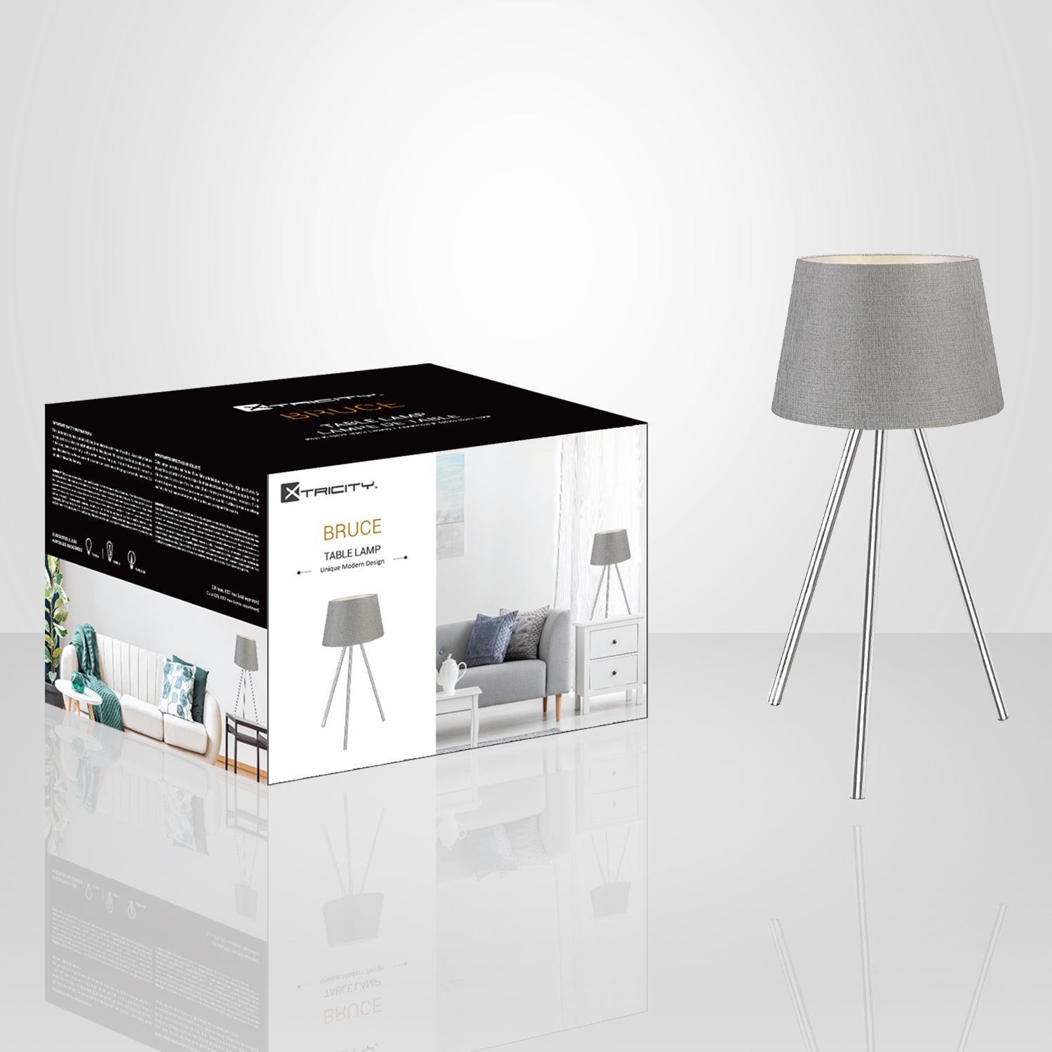 Xtricity - Lampe de Table Moderne, Hauteur de 19.7", De la Collection Bruce, Gris - emballage - Simple Boutique