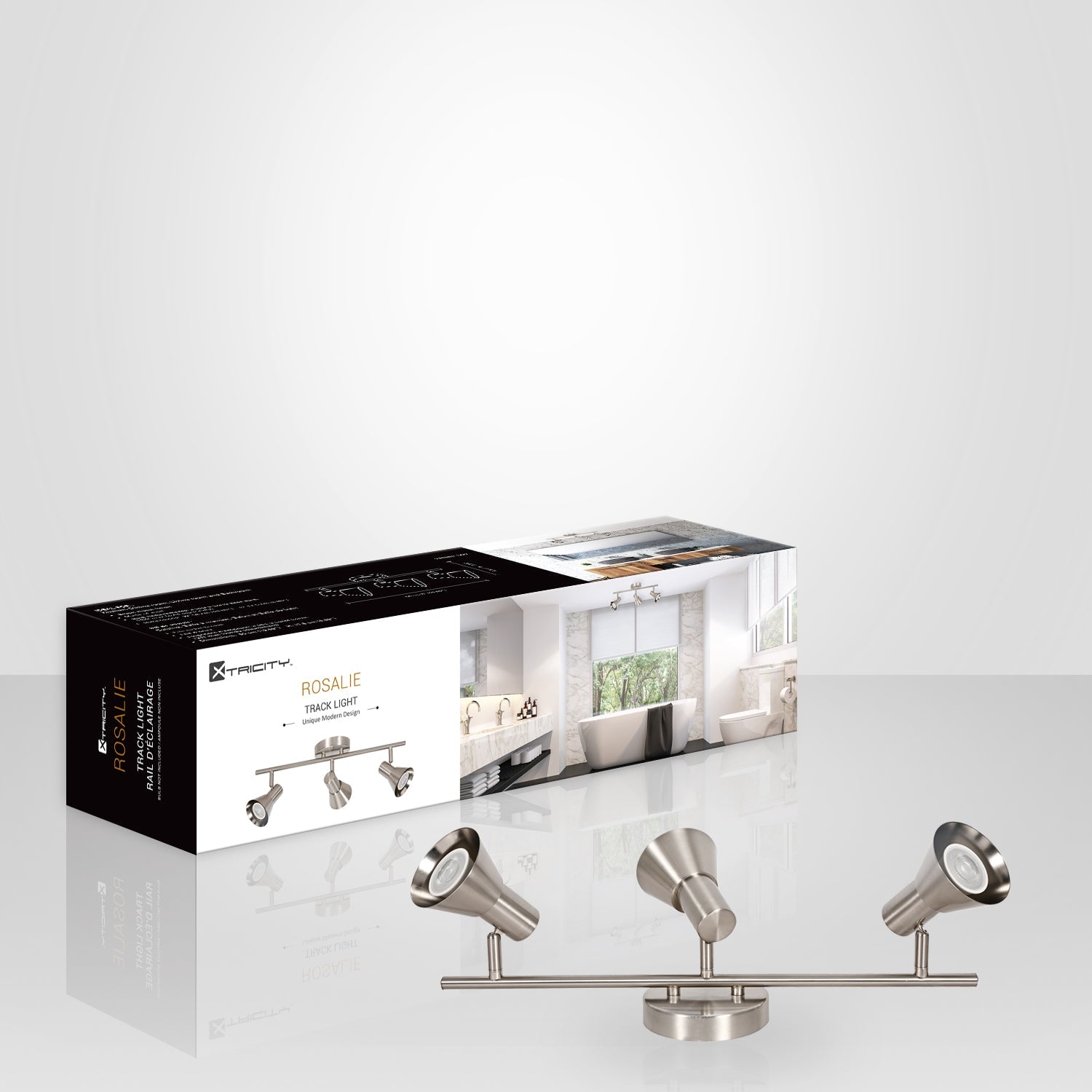 Xtricity - Rail d'éclairage à 3 Têtes, Largeur de 19.69", De la Collection Rosalie, Nickel - emballage - Simple Boutique