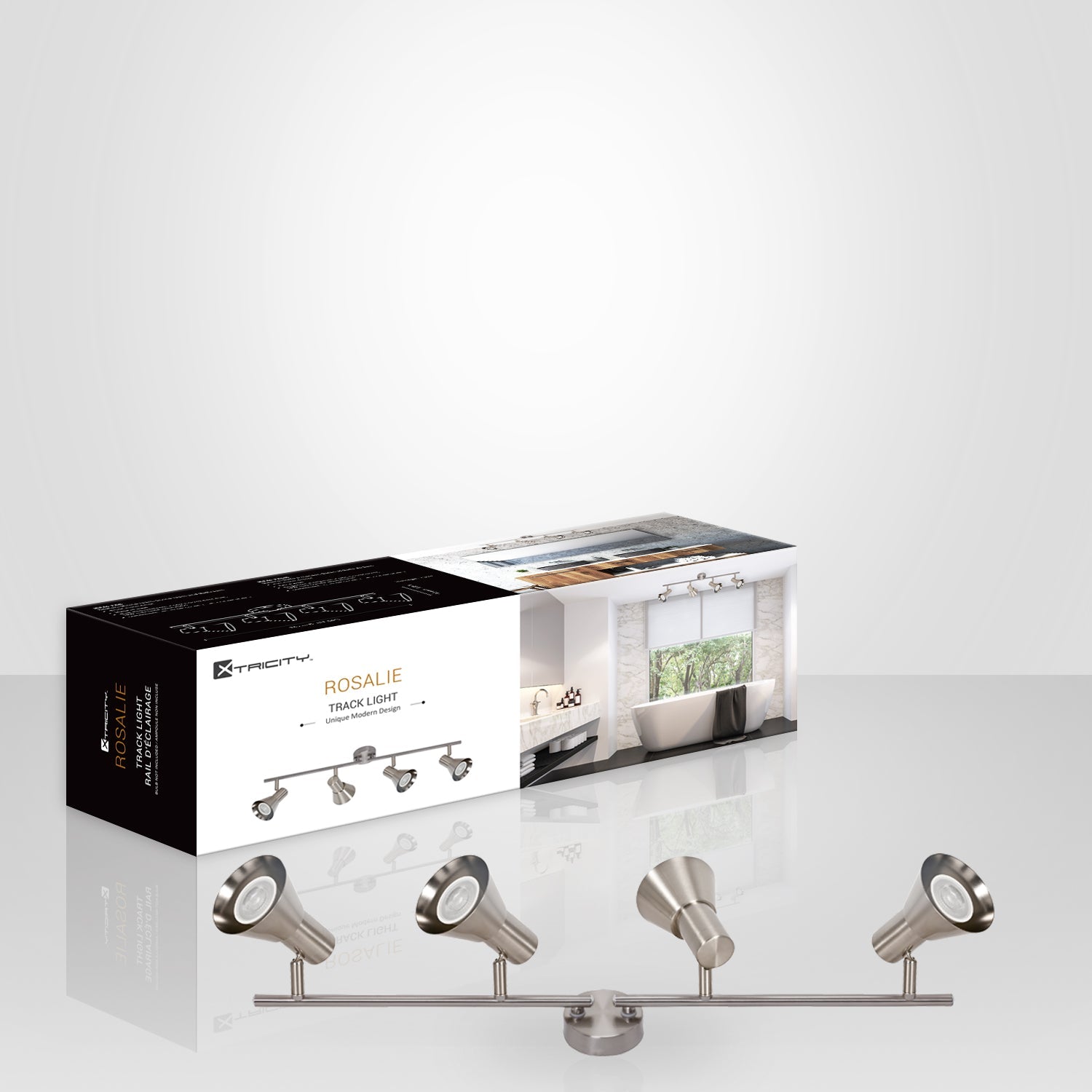 Xtricity - Rail d'éclairage à 4 Têtes, Largeur de 27.56", De la Collection Rosalie, Nickel - emballage - Simple Boutique