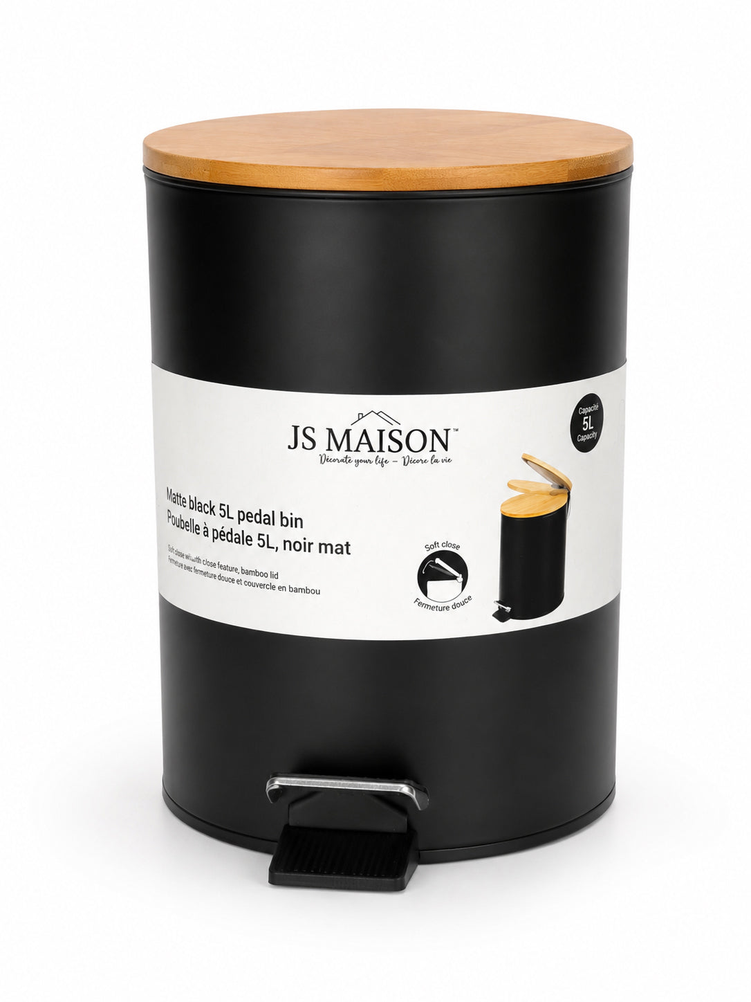 Jessar - Poubelle à Pédale avec Couvercle en Bambou, Capacité de 5 Litres, Noir - emballage - Simple Boutique