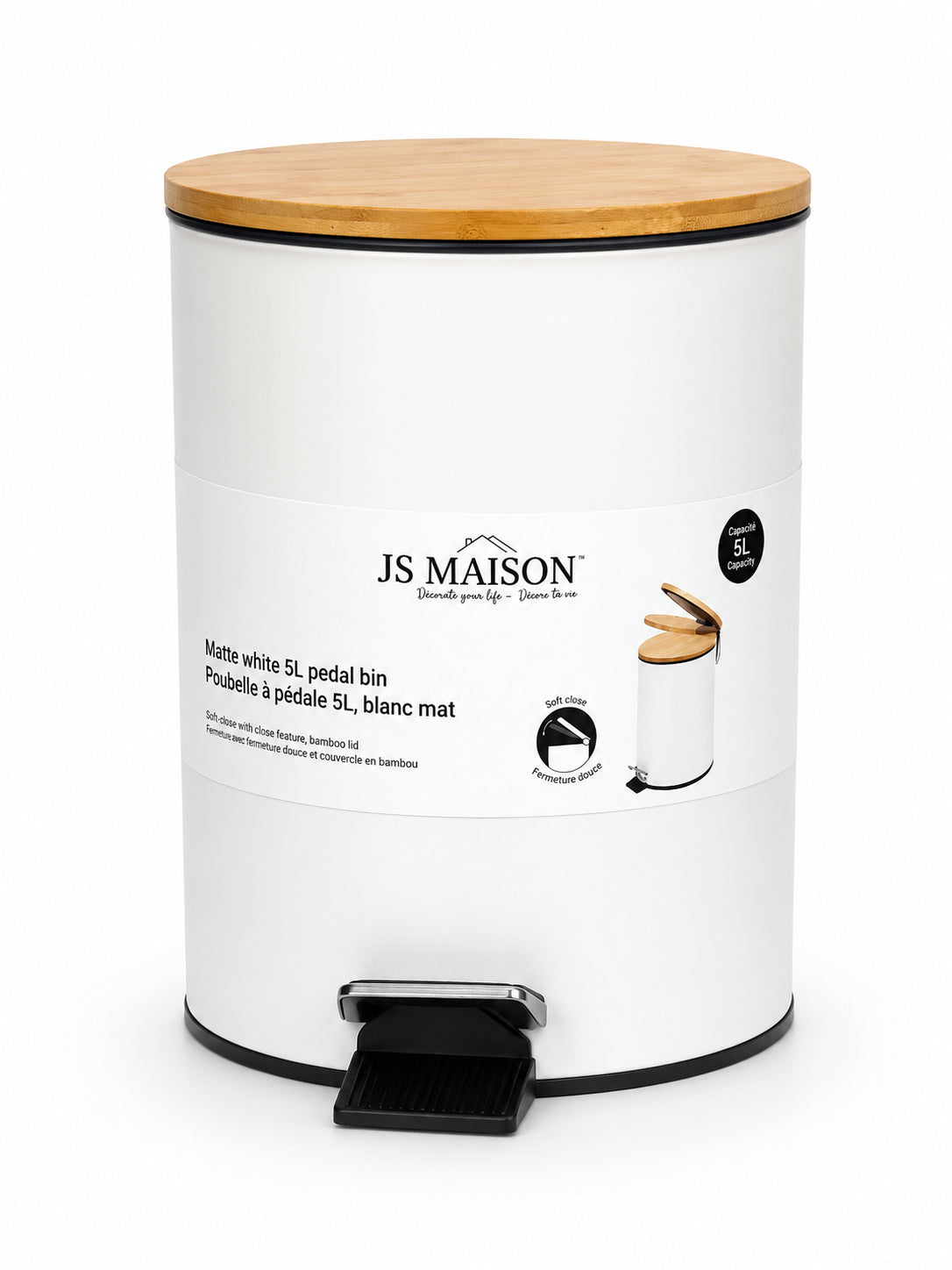 Jessar - Poubelle à Pédale avec Couvercle en Bambou, Capacité de 5 Litres, Blanc - emballage - Simple Boutique