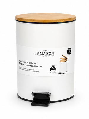 Jessar - Poubelle à Pédale avec Couvercle en Bambou, Capacité de 5 Litres, Blanc - emballage - Simple Boutique