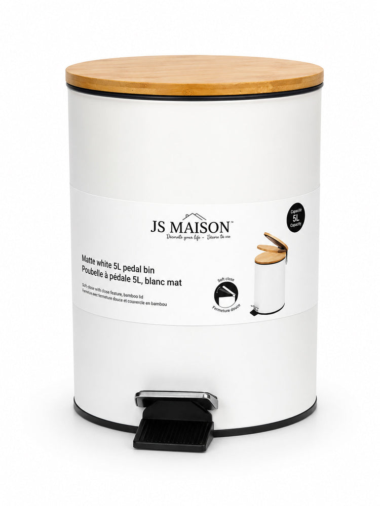 Jessar - Poubelle à Pédale avec Couvercle en Bambou, Capacité de 5 Litres, Blanc - emballage - Simple Boutique
