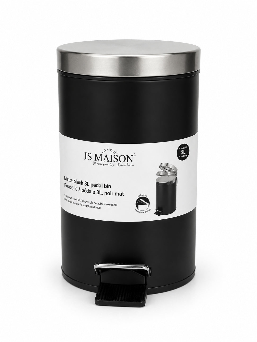 Jessar - Poubelle à Pédale avec Couvercle en Acier Inoxydable, Capacité de 3 Litres, Noir - emballage - Simple Boutique