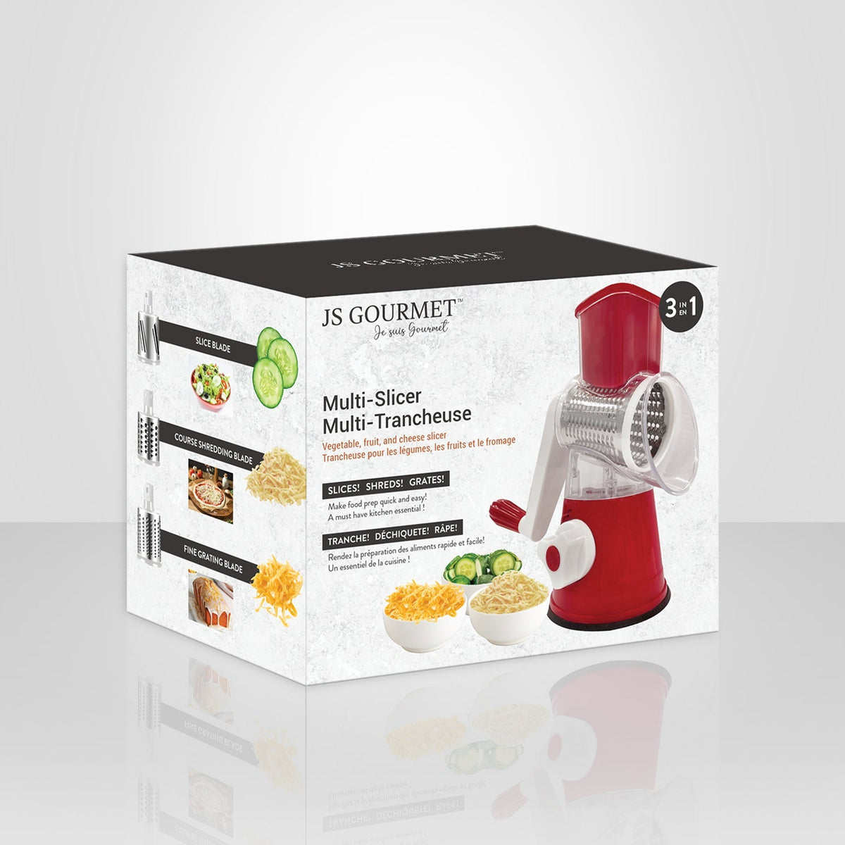 JS Gourmet - Multi-Trancheuse 3 en 1, Tranche, Déchiquète et Rape, Rouge - emballage - Simple Boutique