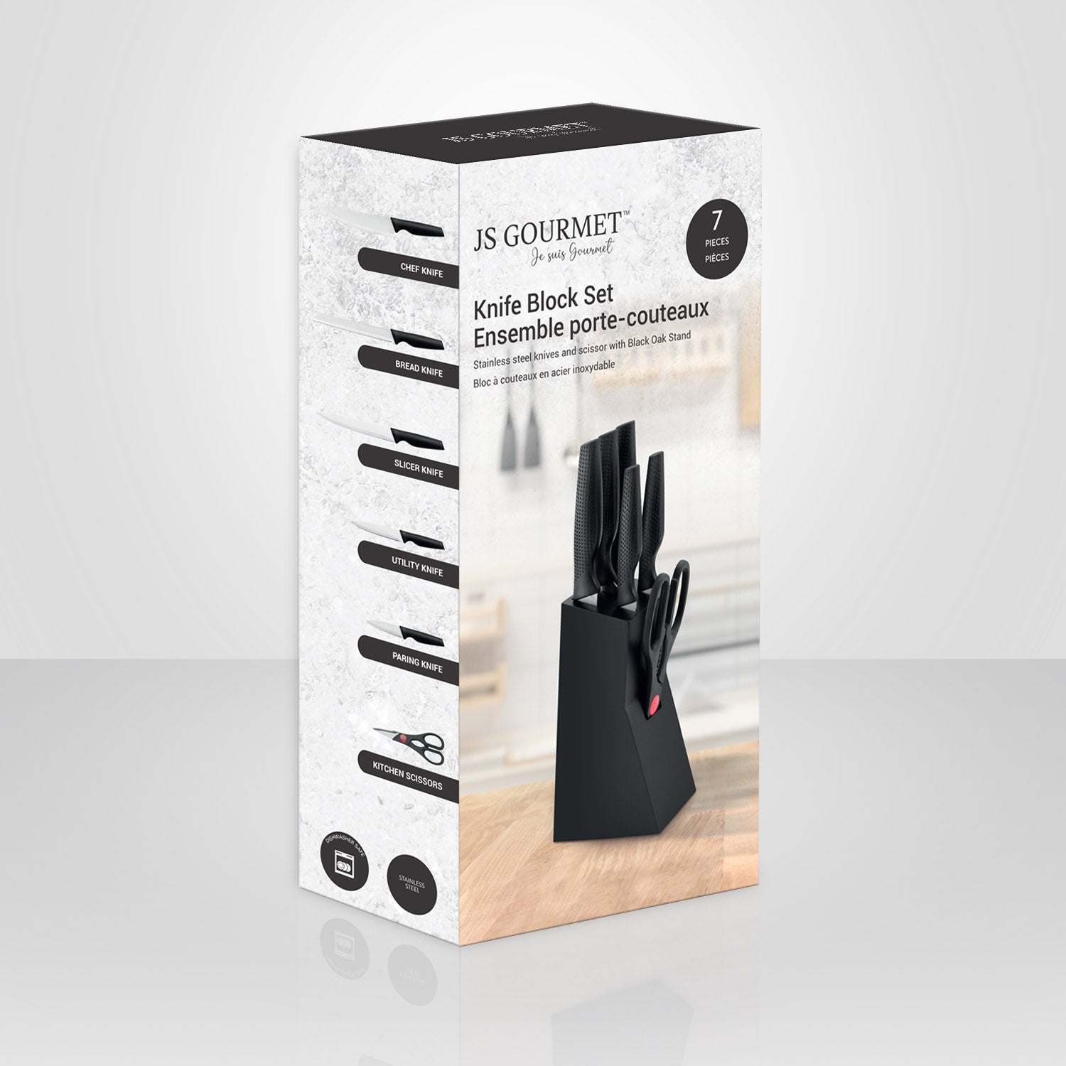 JS Gourmet - Ensemble de Couteaux avec Bloc de Rangement, Lame en Acier Inoxydable, Noir - emballage - Simple Boutique