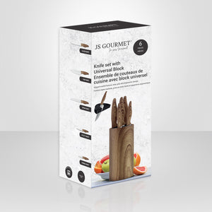 JS Gourmet - Ensemble de Couteaux avec Bloc de Rangement Universel, Lame en Acier Inoxydable, Brun - emballage - Simple Boutique