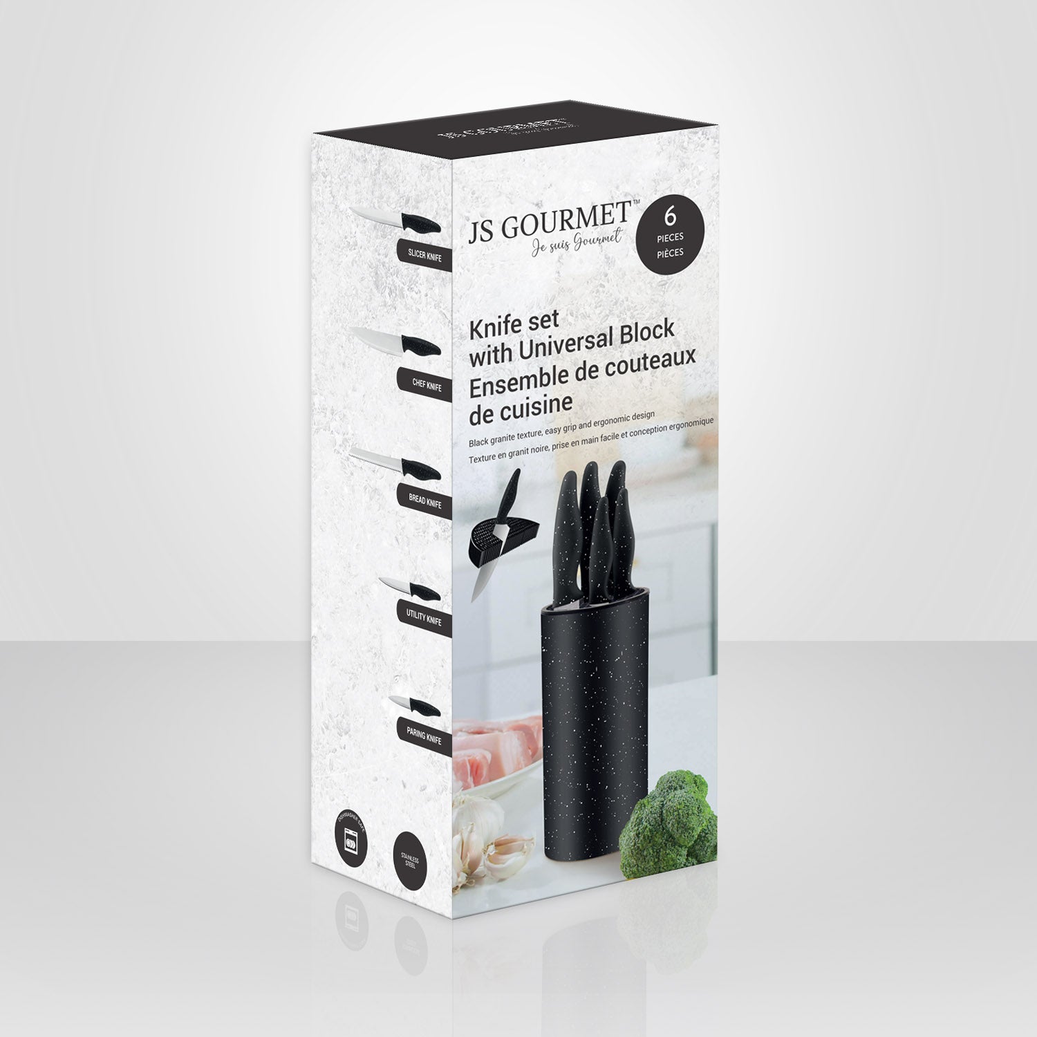 JS Gourmet - Ensemble de Couteaux avec Bloc de Rangement Universel, Lame en Acier Inoxydable, Noir - emballage - Simple Boutique