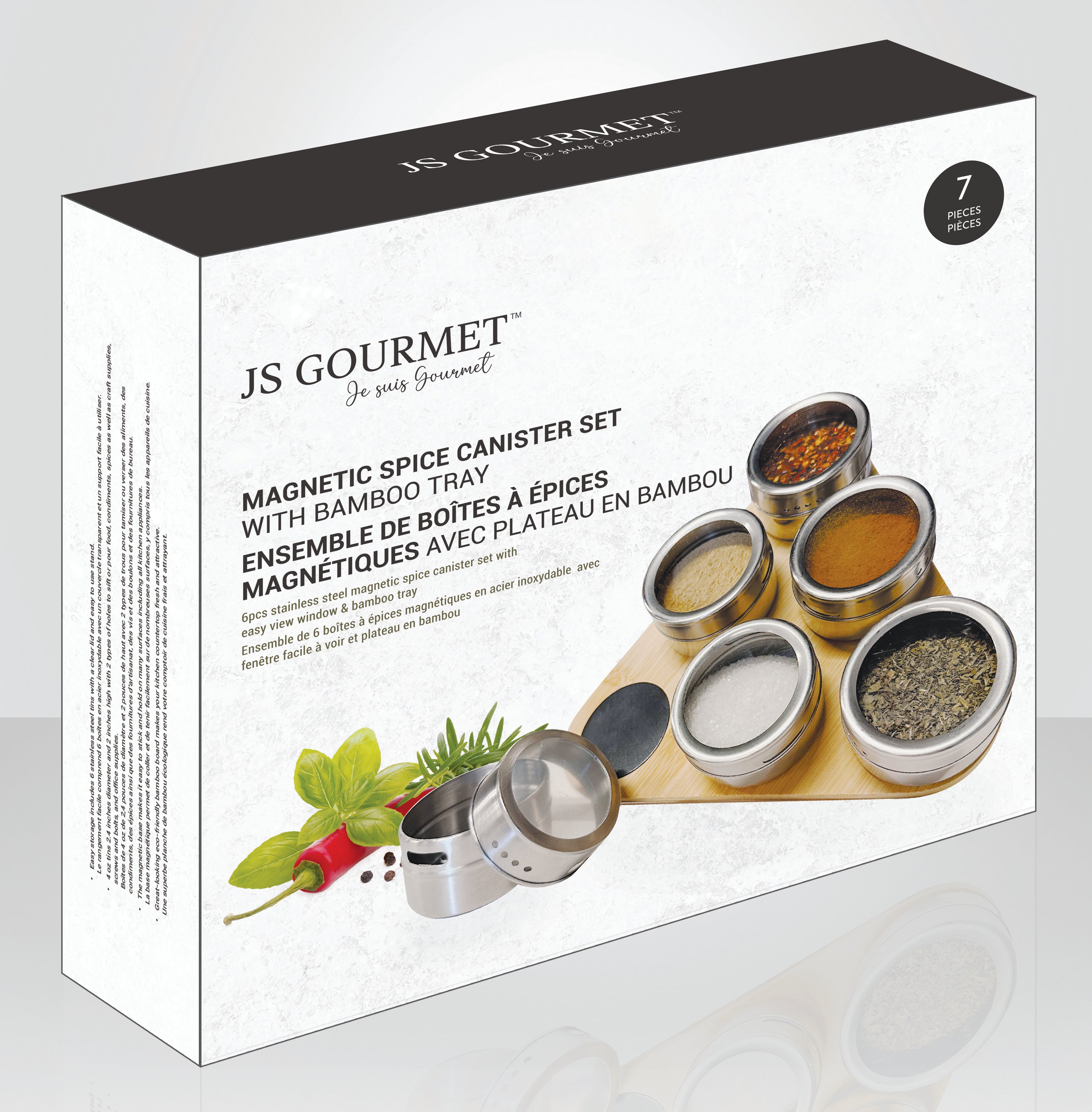 JS Gourmet - Ensemble de 6 Contenants à Épices Magnétiques avec Plateau de Rangement en Bambou - emballage - Simple Boutique