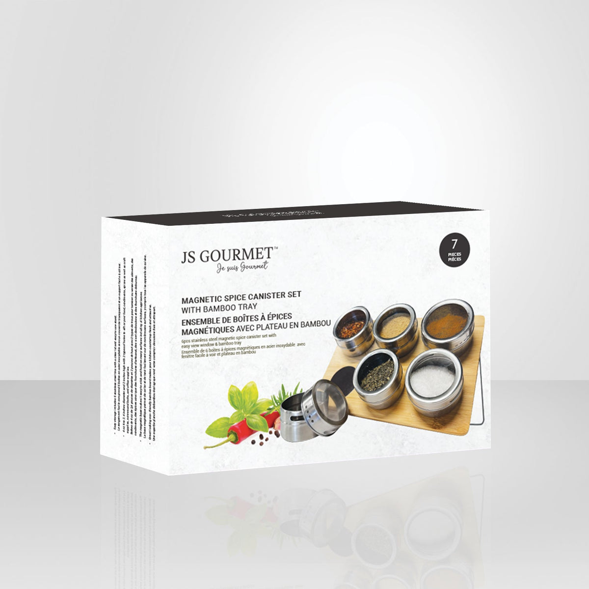 JS Gourmet - 6 Contenants à Épices en Acier Inoxydable avec Support Magnétique en Bambou - emballage - Simple Boutique