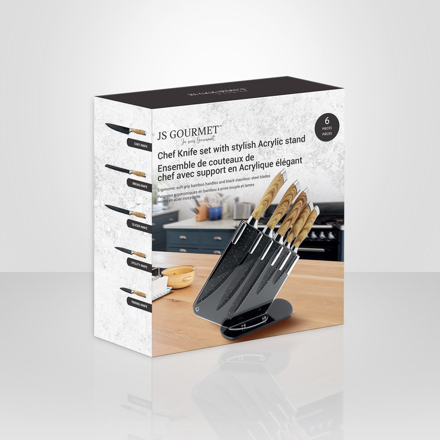 JS Gourmet - Ensemble de Couteaux Avec Support de Rangement en Acrylique - emballage - Simple Boutique