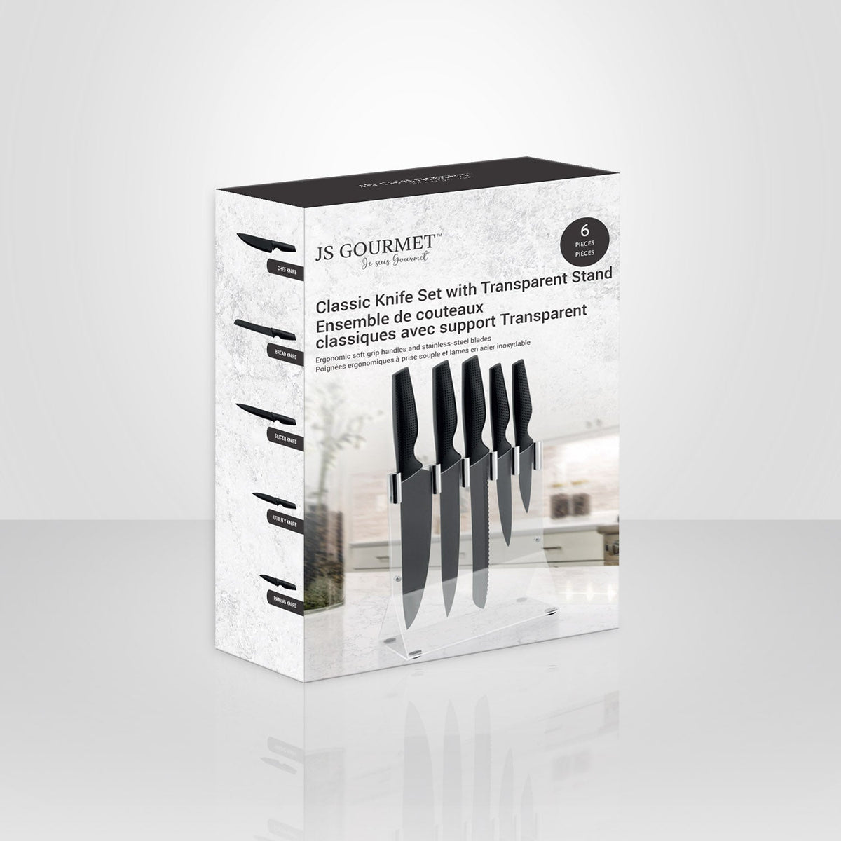 JS Gourmet - Ensemble de Couteaux de Cuisine Avec Support de Rangement Transparent - emballage - Simple Boutique