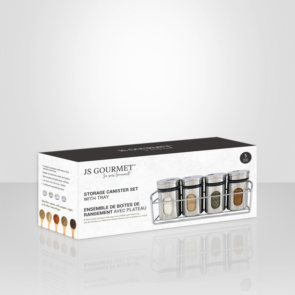 JS Gourmet - Ensemble de 4 Contenants à Épices avec Plateau de Rangement, Acier Inoxydable - emballage - Simple Boutique