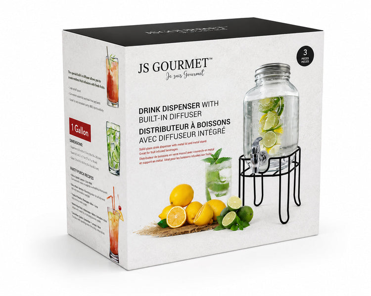 JS Gourmet - Distributeur de Boisson en Verre avec Infuseur Intégré, Capacité de 4 Litres - emballage - Simple Boutique