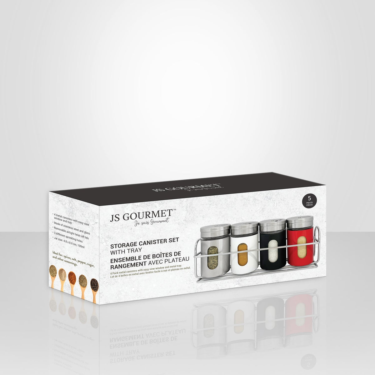 JS Gourmet - Ensemble de 4 Pots à Épices avec Plateau de Rangement, Acier Inoxydable - emballage - Simple Boutique