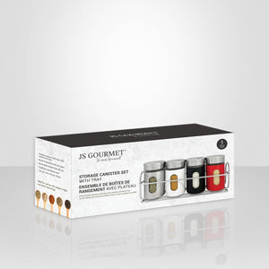 JS Gourmet - Ensemble de 4 Pots à Épices avec Plateau de Rangement, Acier Inoxydable - emballage - Simple Boutique