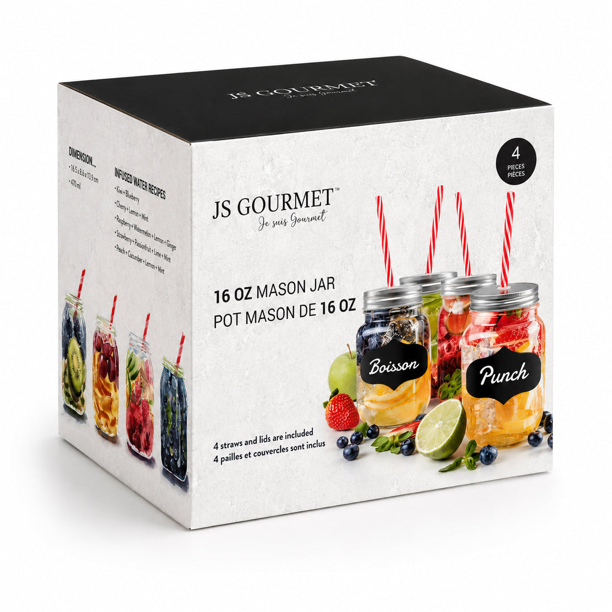 JS Gourmet - Ensemble de 4 Verres en Forme de Pot Mason, Couvercle et Paille Inclus - emballage - Simple Boutique
