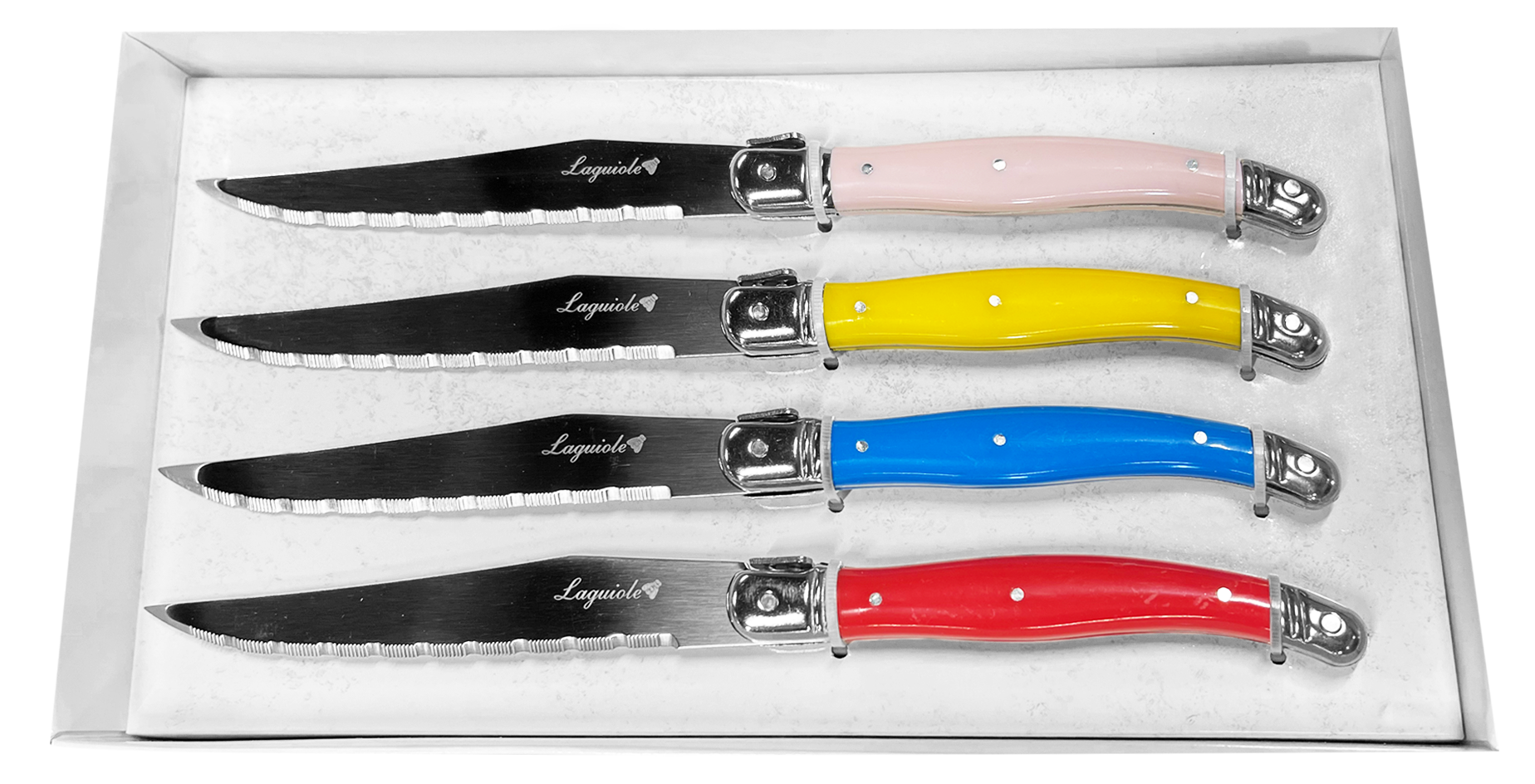 JS Gourmet - Ensemble de 4 Couteaux à Steak Laguiole, Lame en Acier Inoxydable, Manches Multicolores - emballage - Simple Boutique