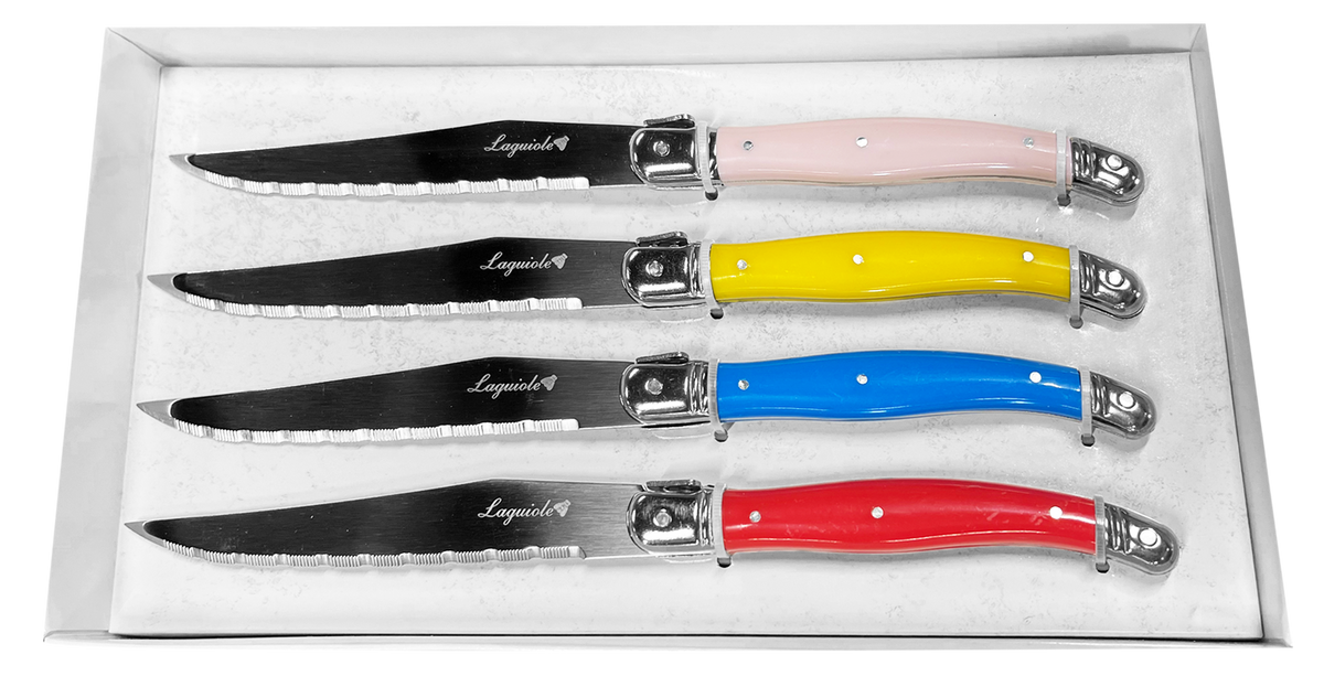 JS Gourmet - Ensemble de 4 Couteaux à Steak Laguiole, Lame en Acier Inoxydable, Manches Multicolores - emballage - Simple Boutique