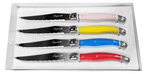 JS Gourmet - Ensemble de 4 Couteaux à Steak Laguiole, Lame en Acier Inoxydable, Manches Multicolores - emballage - Simple Boutique