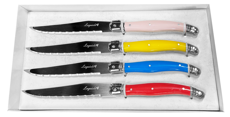 JS Gourmet - Ensemble de 4 Couteaux à Steak Laguiole, Lame en Acier Inoxydable, Manches Multicolores - emballage - Simple Boutique