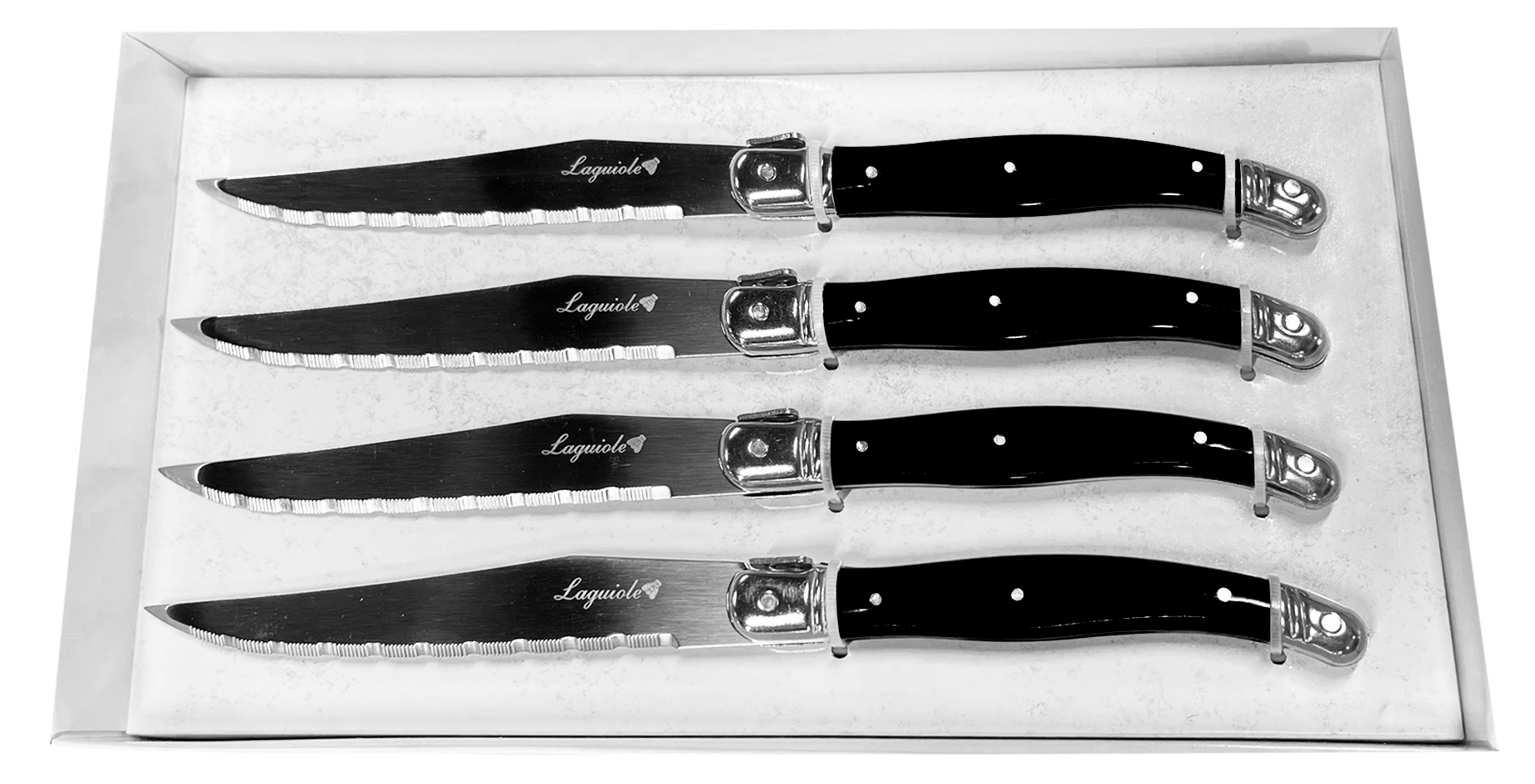 JS Gourmet - Ensemble de 4 Couteaux à Steak Laguiole, Lame en Acier Inoxydable, Manches Noirs - emballage - Simple Boutique