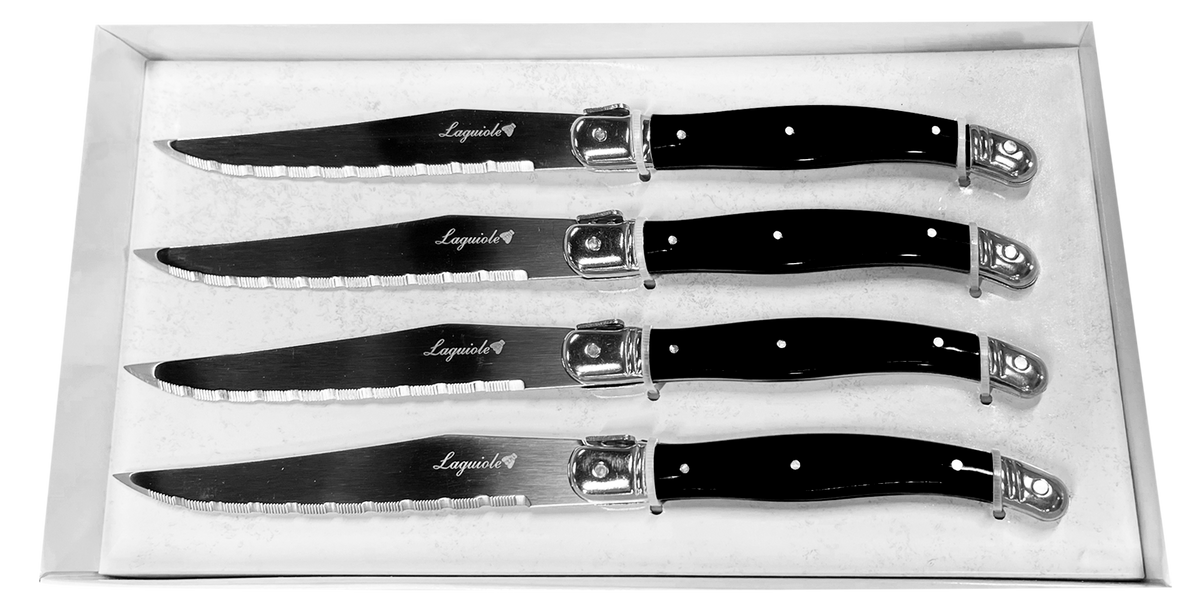 JS Gourmet - Ensemble de 4 Couteaux à Steak Laguiole, Lame en Acier Inoxydable, Manches Noirs - emballage - Simple Boutique