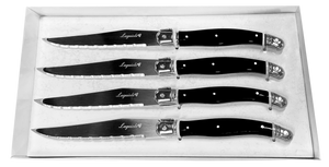JS Gourmet - Ensemble de 4 Couteaux à Steak Laguiole, Lame en Acier Inoxydable, Manches Noirs - emballage - Simple Boutique