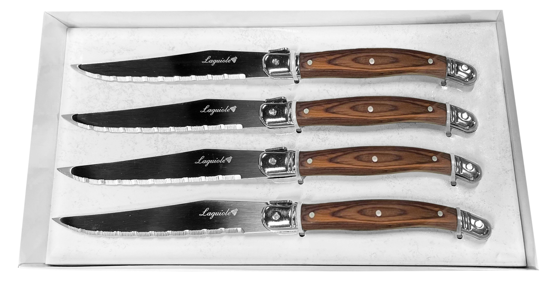 JS Gourmet - Ensemble de 4 Couteaux à Steak Laguiole, Lame en Acier Inoxydable, Manches en Bois - emballage - Simple Boutique