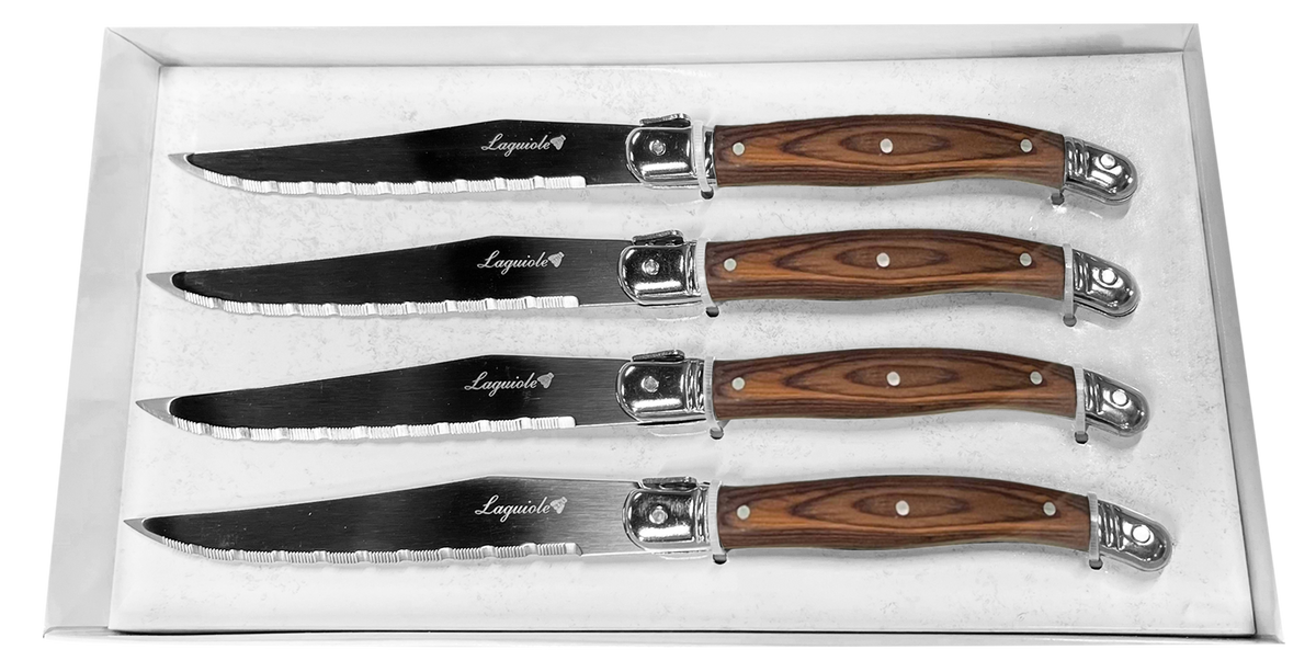 JS Gourmet - Ensemble de 4 Couteaux à Steak Laguiole, Lame en Acier Inoxydable, Manches en Bois - emballage - Simple Boutique