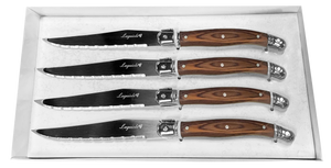 JS Gourmet - Ensemble de 4 Couteaux à Steak Laguiole, Lame en Acier Inoxydable, Manches en Bois - emballage - Simple Boutique