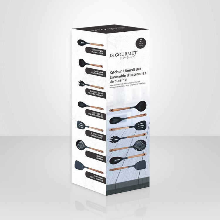 JS Gourmet - Ensemble 7 Morceaux D'ustensiles de Cuisine, Résistants à la Chaleur, Sans BPA, Bois d'acacia - emballage - Simple Boutique