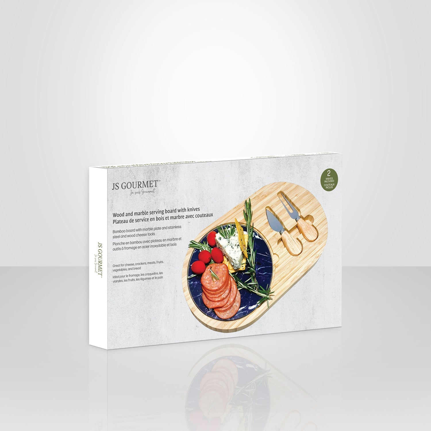 JS Gourmet - Planche de Service en Bois et Marbre avec 2 Couteaux à Fromage - emballage - Simple Boutique