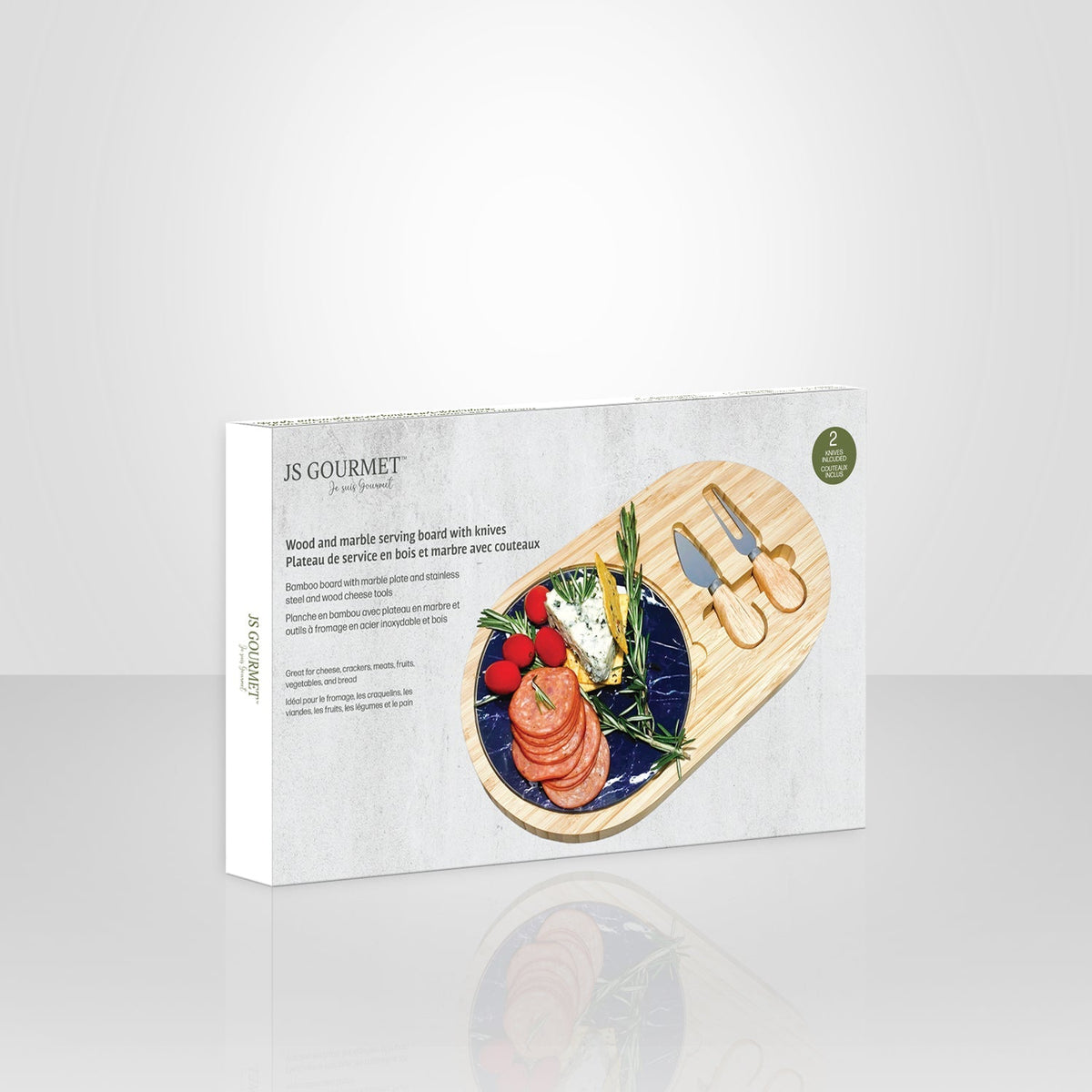 JS Gourmet - Planche de Service en Bois et Marbre avec 2 Couteaux à Fromage - emballage - Simple Boutique