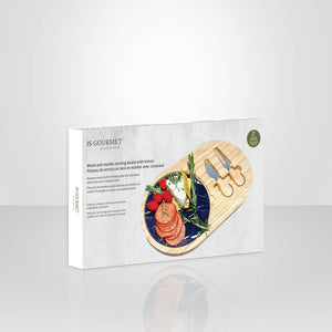 JS Gourmet - Planche de Service en Bois et Marbre avec 2 Couteaux à Fromage - emballage - Simple Boutique