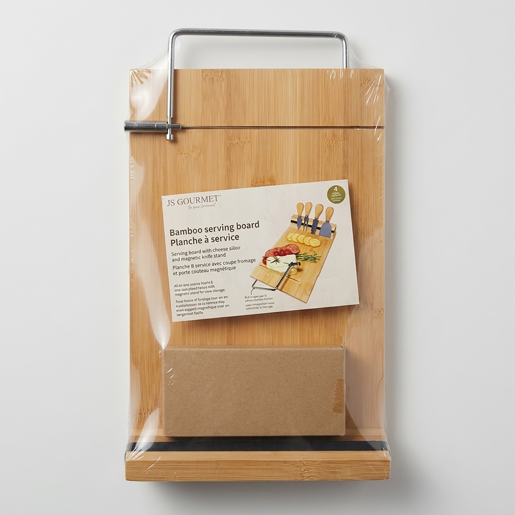 JS Gourmet - Planche à Service en Bambou avec Coupe-Fromage Intégré et 4 Couteaux - emballage - Simple Boutique