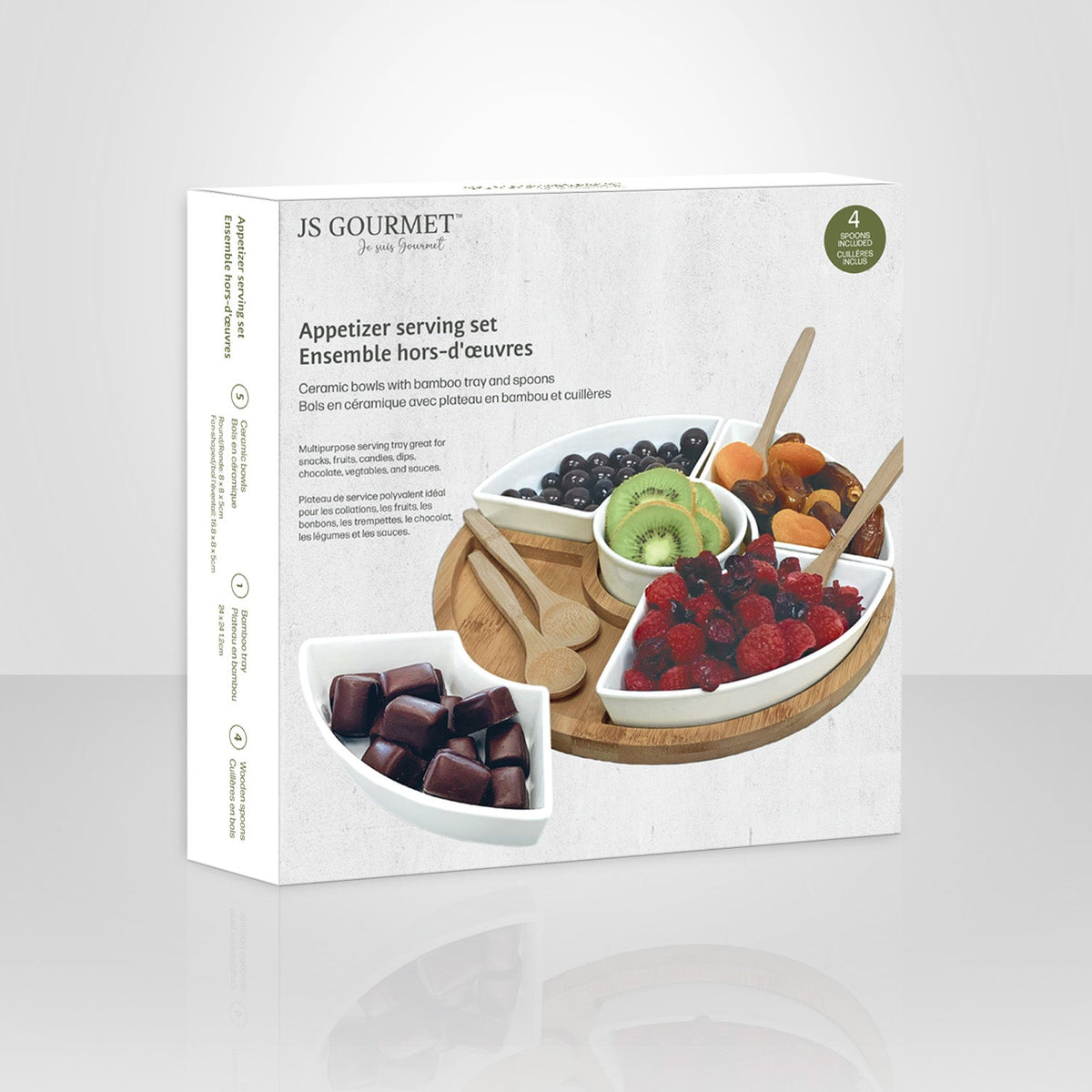 JS Gourmet - Ensemble de Service de Hors-D'oeuvres, Plateau en Bambou, Bols en Céramique et Cuillères - emballage - Simple Boutique